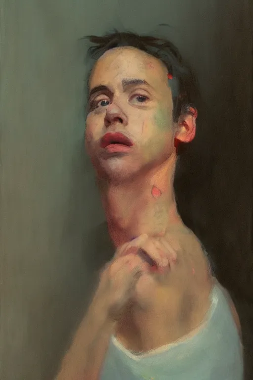 Prompt: a portrait of a todd solondz, dreaming of kissing a girl, sad and lonley, vivid colors, soft lighting, atmospheric, cinematic, moody, in the style of francis bacon and krenz cushart, oil on canvas, 8 k