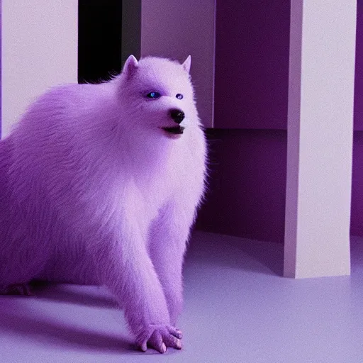 Image similar to a photo of a white fur monster standing in a purple room