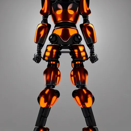 Prompt: graceful orange chrome robot, character concept art, futuristic cyberpunk humanoid machine, symmetry__4, hyperrealistic high detail 70mm, 4k post-proc