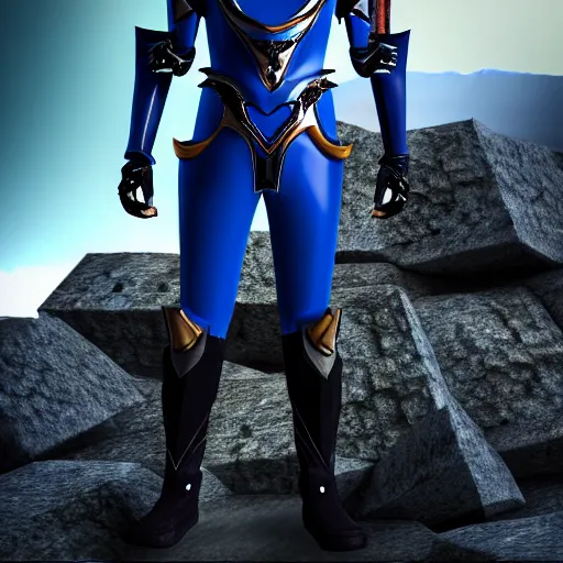 Image similar to High Fantasy Kamen Rider standing in a rock quarry, single character full body, 4k, glowing eyes, daytime, rubber suit, dark blue armor, segmented armor, centered