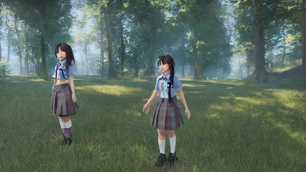 Image similar to cute schoolgirl with proprtional face walk in the forest, in style of katsuya terada, unreal engine 5,