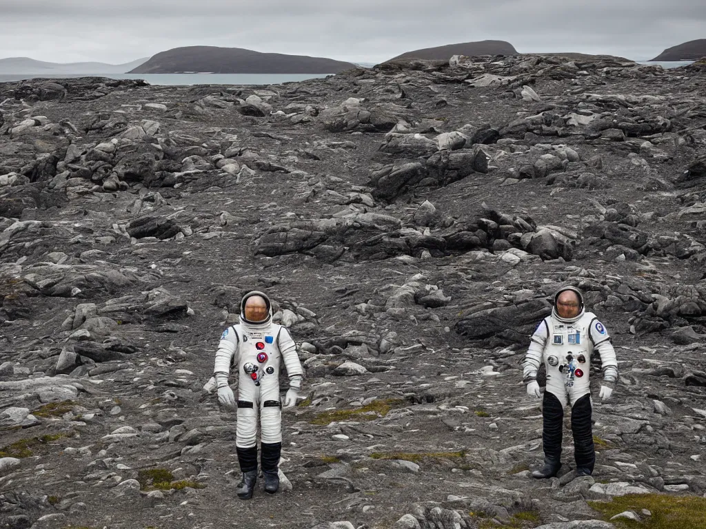 Prompt: tourist astronaut standing in the Isle of Harris, Scotland, a campervan in the background, rocks, hills, remote, 35 mm lens, photorealistic