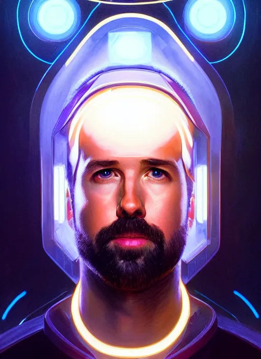 Image similar to symmetry! portrait of rob mcelhenney, sci - fi, tech wear, glowing lights!! intricate, elegant, highly detailed, digital painting, artstation, concept art, smooth, sharp focus, illustration, art by artgerm and greg rutkowski and alphonse mucha