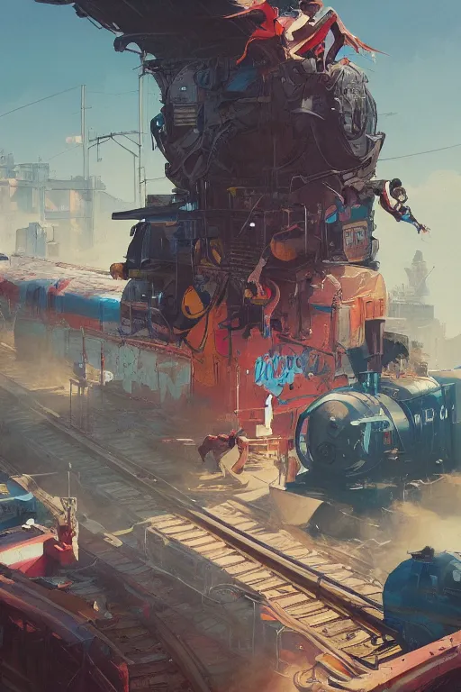 Image similar to trains covered in graffiti, greg rutkowski, and moebius and loish and artgerm, painterly, illustration, sunset lighting, beautiful artist rendering, gorgeous