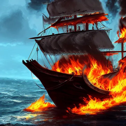 Image similar to Pirate ship on fire, digital art, detailed, artstation, realistic