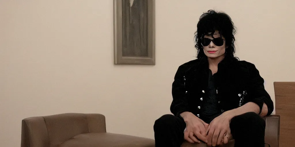 Image similar to michael jackson 2 0 0 9 wearing shades, alone, this is it style, photo real, skin, motion blur, sitting in a chair, by himself, real life, spotted, leaked, ultra realistic face, accurate, 4 k, movie still, uhd, sharp, detailed, cinematic, render, modern