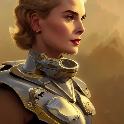 Image similar to Grace Kelly in a Power Armor, western, D&D, fantasy, intricate, elegant, highly detailed, digital painting, artstation, concept art, matte, sharp focus, illustration, art by Artgerm and Greg Rutkowski and Alphonse Mucha