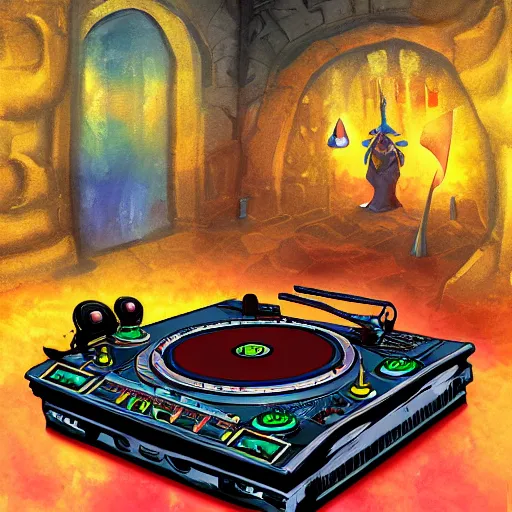 Image similar to fantasy painting of a dj set with turntable in a fantasy dungeon in the style of dnd,