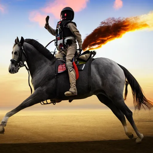 Prompt: man wearing jetpack riding a horse, rocket boosters