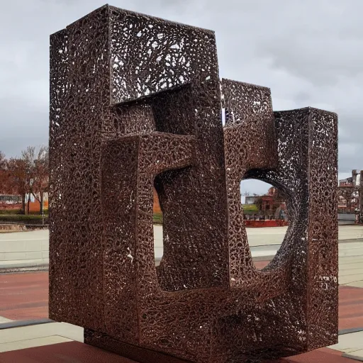 Image similar to a highly detailed 4 k photorealistic abstract design of an sculpture built on corten steel in style of eduardo chillida, jorge oteiza, agustin ibarrola