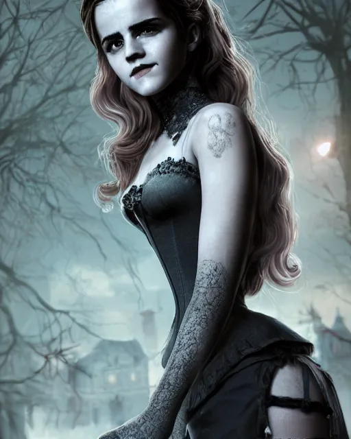 Image similar to full shot portrait painting of very beautiful emma watson standing as white maiden in revealing stockings corset noir streets, character design by mark ryden and pixar and hayao miyazaki, unreal 5, daz, hyperrealistic, octane render, cosplay, rpg portrait, dynamic lighting, intricate detail, cinematic