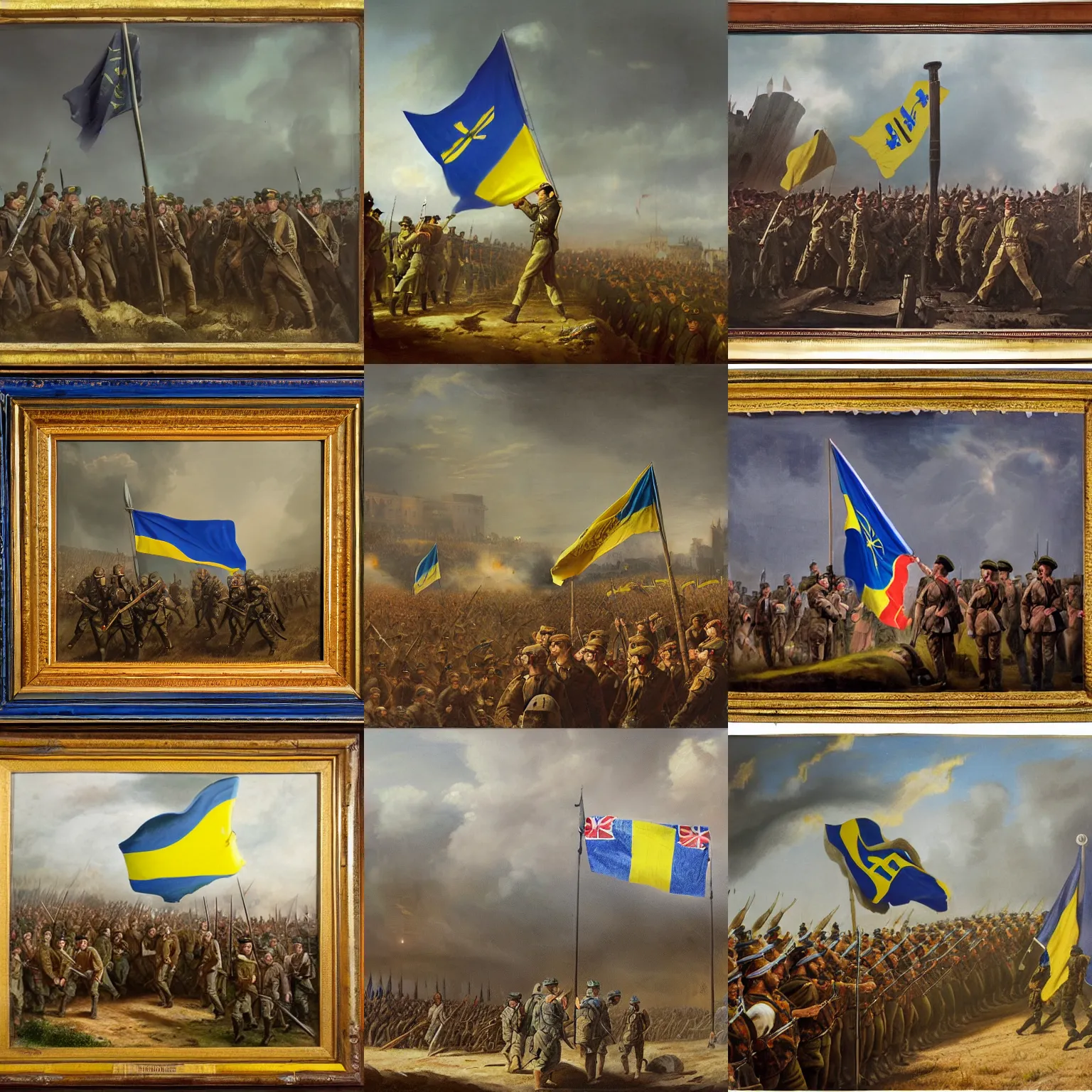 Prompt: a matte painting of soldiers raising the ukranian flag on the battle field by mumford