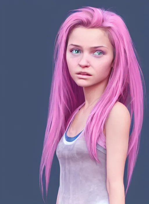 Prompt: concept art for the main character in the award winning film named life is better in pink. the character is a unnaturally beautiful teenage girl with deep dark blue eyes and long curled pink dyed hair, wearing light pink clothes. realistic cg render, anatomically correct, high key lighting, trending on art station, vibrant colors.