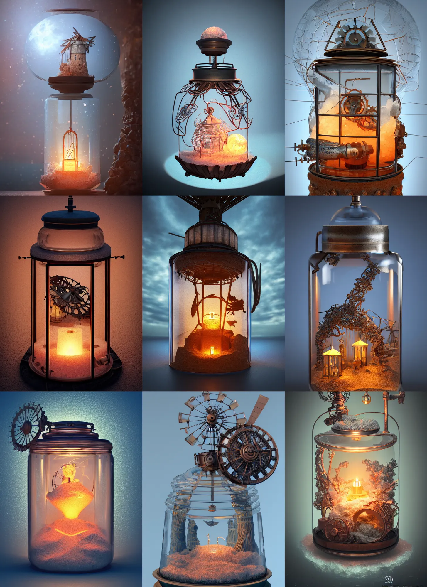 Prompt: windmill inside a steampunk glass jar buried in sand, owl, pink bonsai tree, himalayan rocksalt lamp, intricate detail, hyper detailed, ultra realistic, sharp focus, octane render, lantern candle, spiral, volumetric, ray tracing, artstation trending, blue moon, cgsociety, sense of awe, swirling mist, 4 k