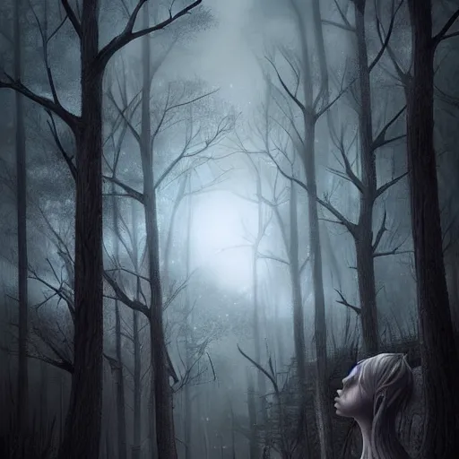 Image similar to a dark ominous forest, dead trees, moonlit, a ethereal ghost approaching, spooky digital artwork by Artgerm, trending on artstation