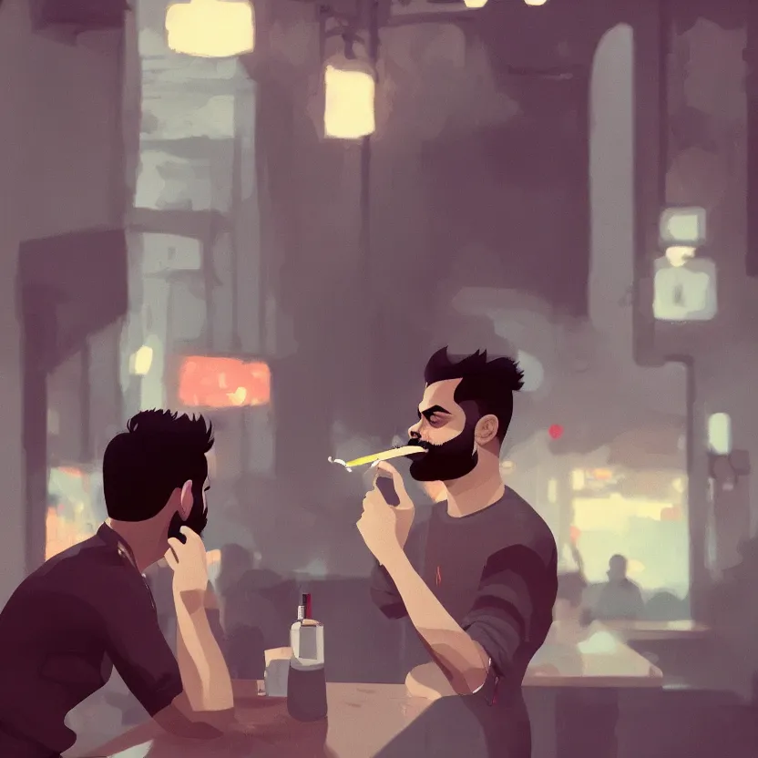Image similar to depressed sad virat kohli drinking heavily and smoking in a bar, cinematic, ultrarealistic, 8 k, unreal engine, by atey ghailan, artstation