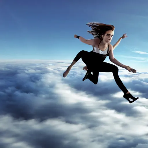 Image similar to Emma Watson flying in the clouds next to an airliner, full body shot