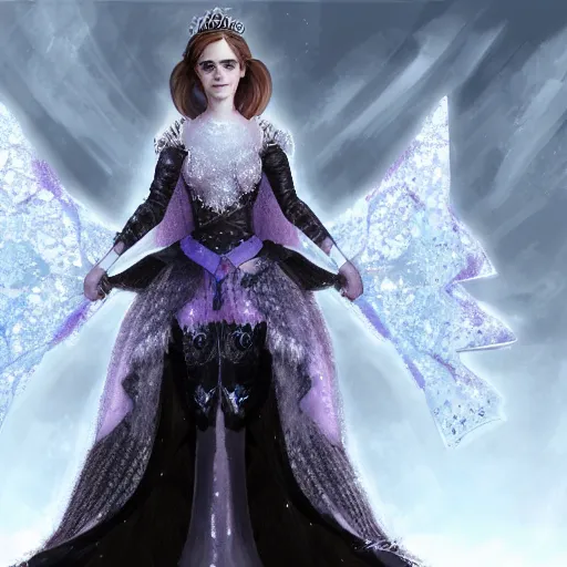 Image similar to emma watson as the Queen of Ice, Ice crystal armor, concept art, 4k, digital art, trending on art station, hd, doll, color, high contrast, expansive backdrop