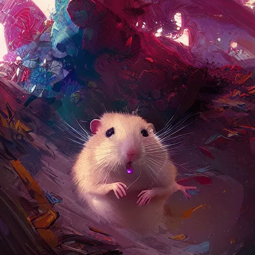 Prompt: very scared hamster, digital illustration portrait design, by android jones and greg rutkowski, retrowave color scheme, detailed, cinematic lighting, wide angle action dynamic portrait