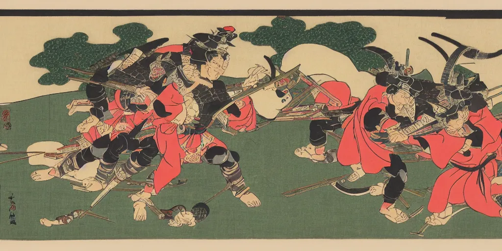 Image similar to ukiyo - e style painting of heavily armored samurai fighting in fierce battle in a beautiful forest