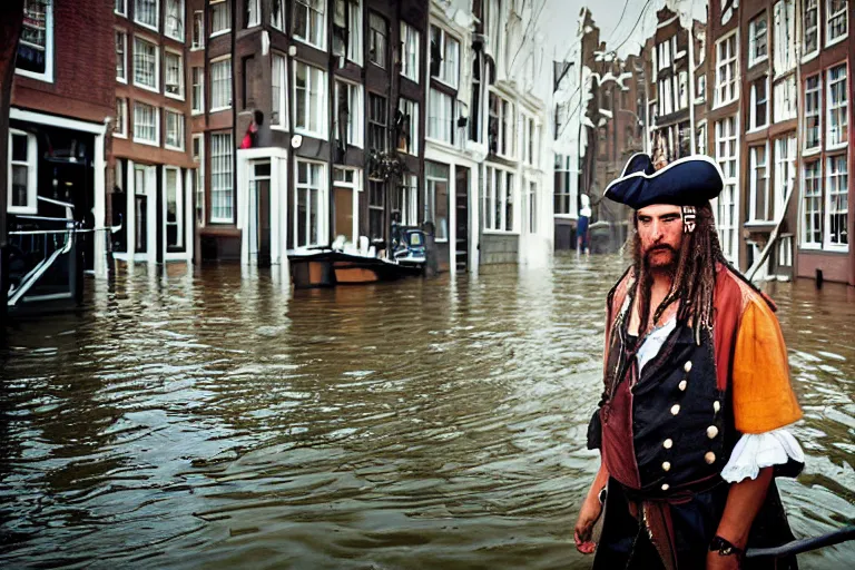 Image similar to closeup potrait of a pirate on a ship in a flooded amsterdam street, photograph, natural light, sharp, detailed face, magazine, press, photo, Steve McCurry, David Lazar, Canon, Nikon, focus