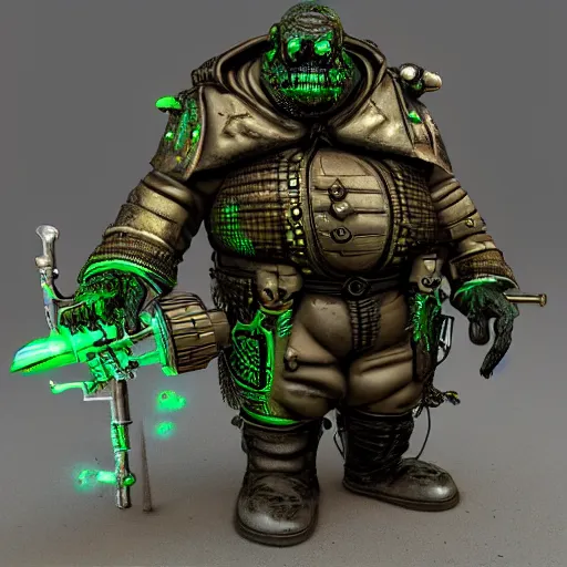 Prompt: highly detailed steampunk morbid obese undead heavy soldier with heavy machine guns, pipes connected to the head, madmax, intricate, rusty, green radioactive glow, toxic waste, 3D render