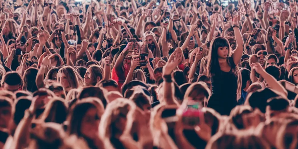 Image similar to a lonely!! girl!! on her phone in the middle of the crowd at a huge concert