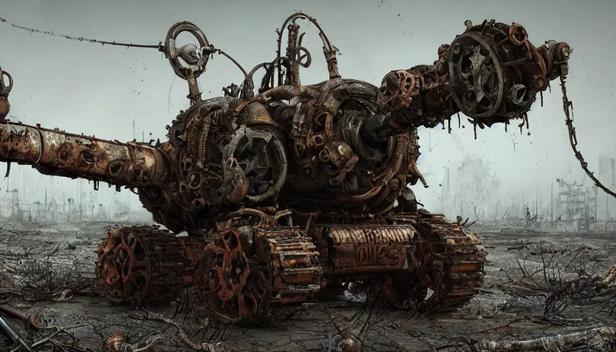 Prompt: Techno-biological rusty М50 Ontos consisting of tumors, meat, veins, bones, guts, kidneys, wires. Biopunk, body-horror, high detail, photorealism, full length view, very rust, concept art, octane render, 16k, 8k