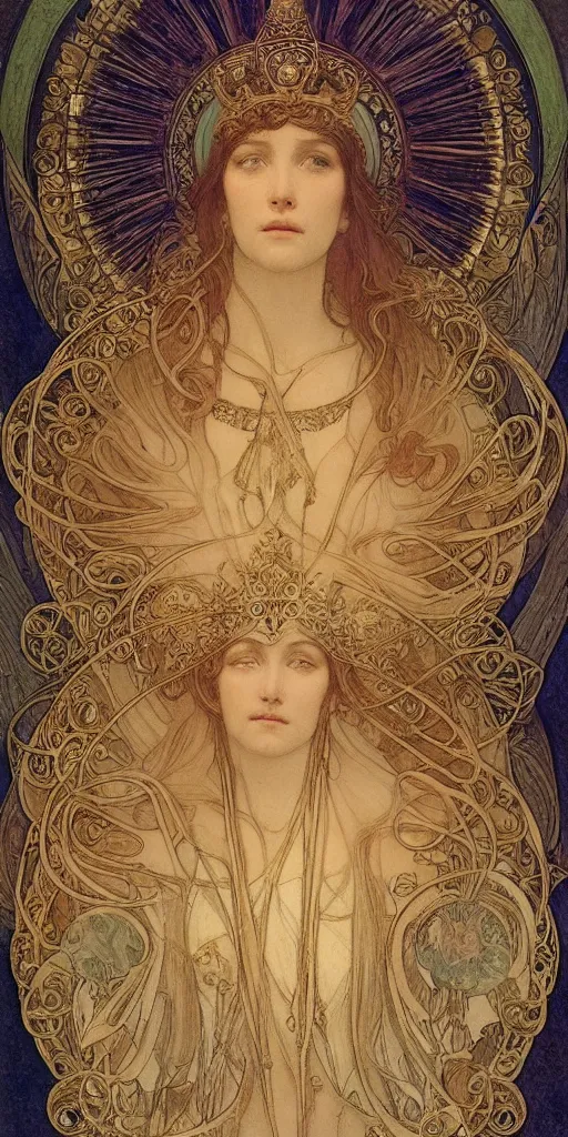 Image similar to portrait, face, saint woman, venus, athena, halo, queen, by alphons mucha and annie swynnerton and jean delville, strong dramatic cinematic lighting, ornate headdress, flowing robes, spines, flowers, stars, lost civilizations, smooth, sharp focus, extremely detailed, marble, gold, space