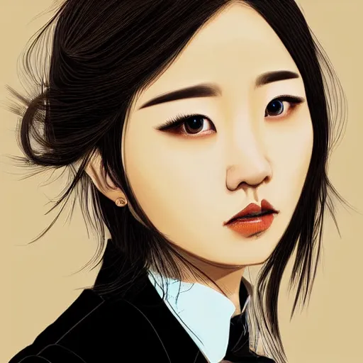 Image similar to portrait of a beautiful korean girl wearing a men's tuxedo, with long hair and bangs, angular features, angry expression, digital art, elegant pose, detailed illustration