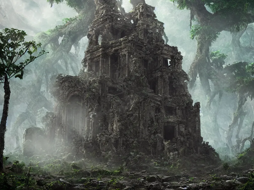 Image similar to hyper realistic photo of an ancient ruined temple of a monster elder god in the jungle, cinematic, rule of thirds, artstation, cgsociety