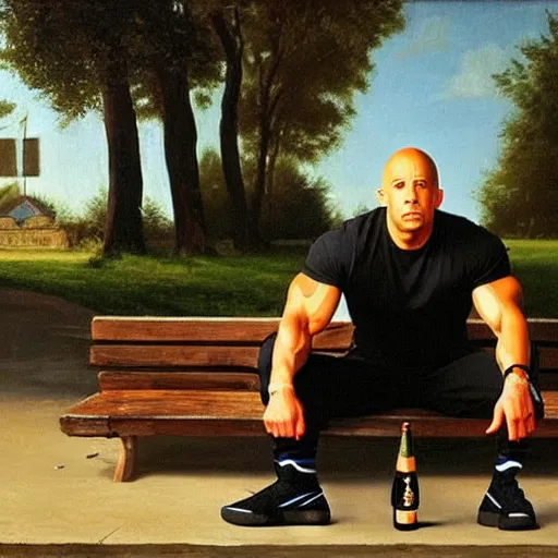 Image similar to vin diesel in black adidas sport costume, as gopnik character, on a bench with a bottle of beer in the courtyard of a provincial russian town, oil on canvas, naturalism