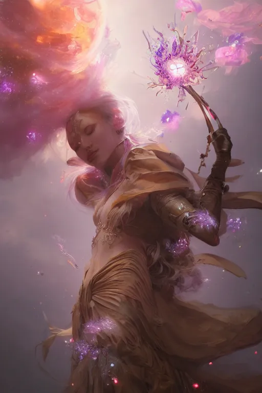 Image similar to face closeup beautiful girl witch covered with crystals exploding into another dimension, 3 d render, hyper realistic detailed portrait, holding magic flowers, ruan jia, wlop. scifi, fantasy, hyper detailed, octane render, concept art, peter mohrbacher