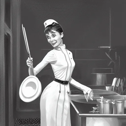 Image similar to Audrey Hepburn as a fry cook, high resolution fantasy concept art, intricate details, soft lighting