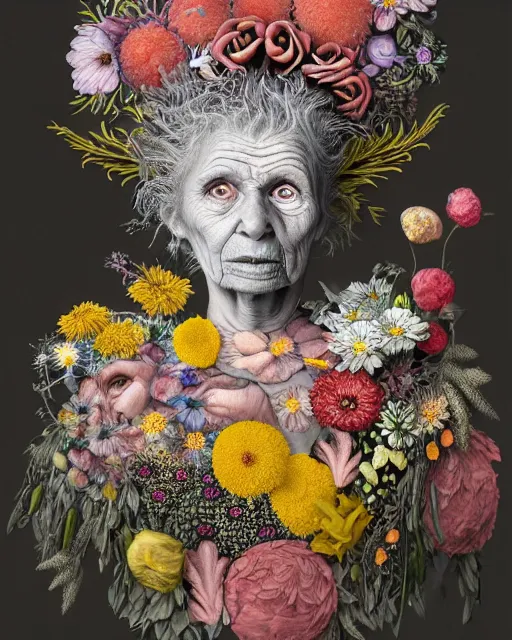 Image similar to a portrait of a surprised, fleshy old woman covered in flowers in the style of guiseppe arcimboldo and james jean, covered in wispy gray hair with a hint of neon, hd 3 d, highly detailed and intricate. centred in image.
