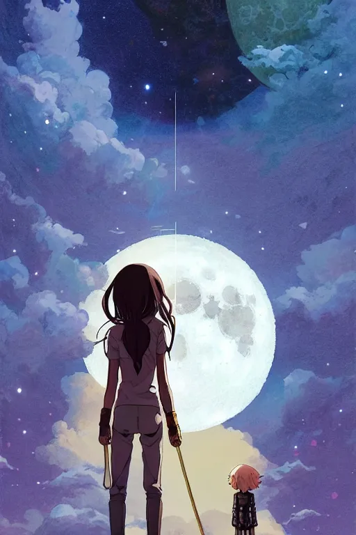 Image similar to a full moon containing the glimmering stairways to otherworldly galaxies, high intricate details, rule of thirds, golden ratio, cinematic light, anime style, graphic novel by fiona staples and dustin nguyen, by beaststars and orange, peter elson, alan bean, studio ghibli, makoto shinkai