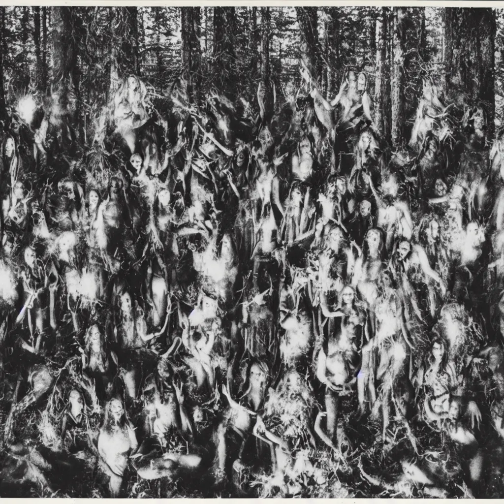 Prompt: polaroid of a black ritual in the forest, pagan, occult witches