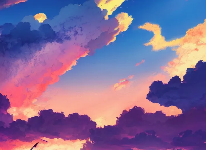 Image similar to illustration of clouds sky sunset | | anime key visual, official media, illustrated by wlop, extremely detailed, 8 k, trending on pixiv, cinematic lighting, beautiful