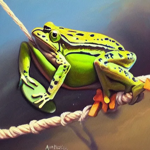 Image similar to a beautiful painting of singular frog graze a cow on a rope, trending on artstation