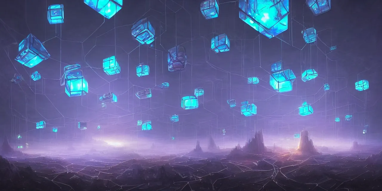 Image similar to a fleet of giant glowing futuristic circuit cubes tied to each other with lots of glowing chains in the sky, thick glowing chains, light rays bouncing between cubes, a fantasy magical landscape seen in the distance, atmospheric lighting, intricate, volumetric lighting, beautiful, sharp focus, ultra detailed, in the art style of marc simonetti, bowater charlie and brom gerald, astrophotography