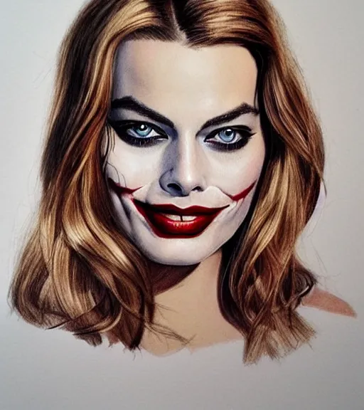 Image similar to margot robbie portrait with light joker makeup, pencil drawing, realistic face, beautiful eyes, smiling, hyper realistic, highly detailed