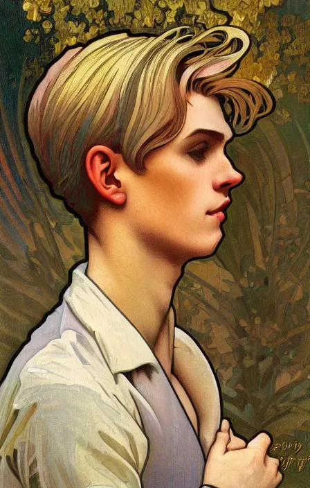 Image similar to young man with short blond hair, looking downwards, magical swirls, magical light, magical atmosphere, depression, alphonse mucha style, painterly, highly detailed, 8 k