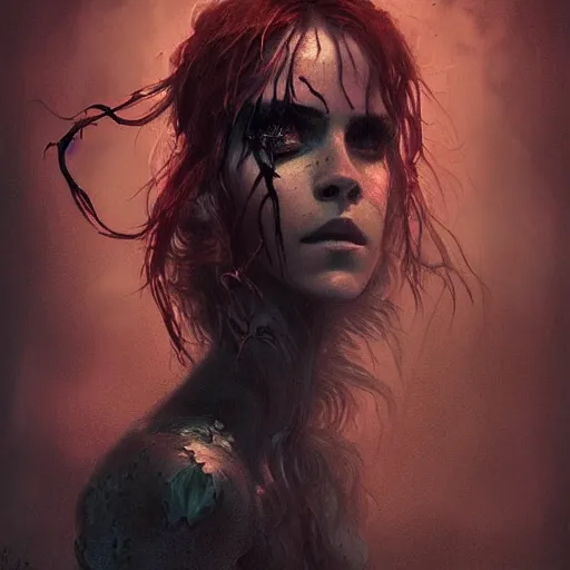 Prompt: emma watson as poison ivy. dark colors. menacing. haunting. frightening. trending on artstation. award winning. artgem. greg rutkowski. beksinski. extremely detailed. 4 k