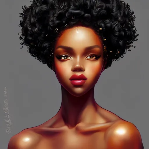 Prompt: beautiful black woman with an afro, trending on artstation, high quality, by artgerm, yoshitaka amano