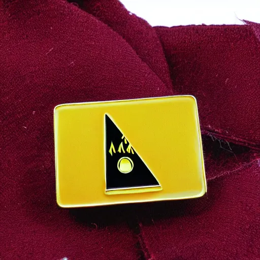 Prompt: a diamond enamel pin depicting a caution warning label, smooth curves