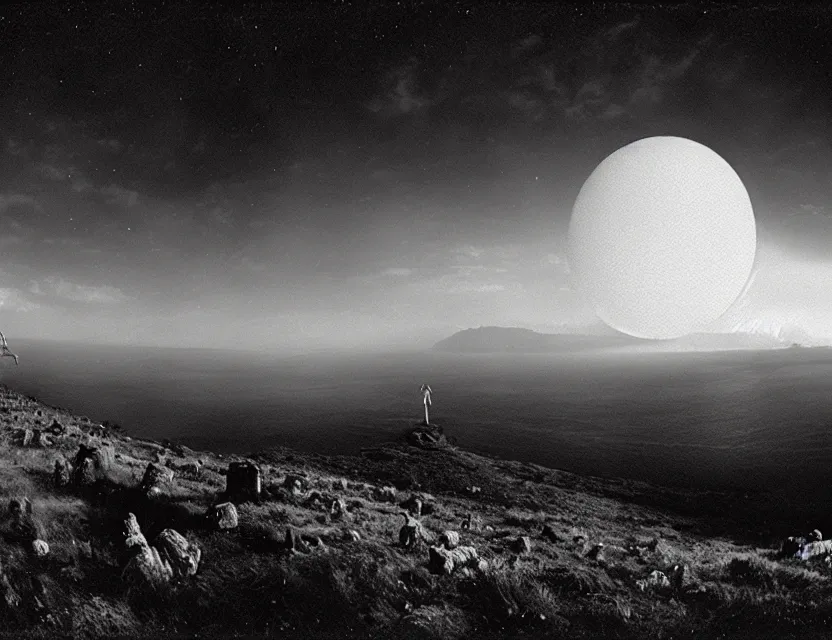 Image similar to wanderer, eerie, greek fantasy panorama, a magnificent giant turble emerging above the magic shining river styx, at night, otherworldly, ghost giant above the horizon, stanley kubrick, 1 8 mm, wide shot, surreal, deep