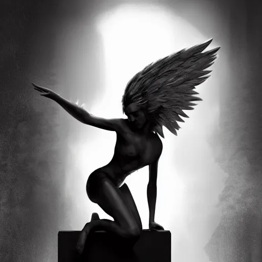 Image similar to abstract digital character art, fallen angel crouched down in a pillar of light, wings open, high contrast hd optics, 8 k dop dof, by bastion lecouffe - deharme