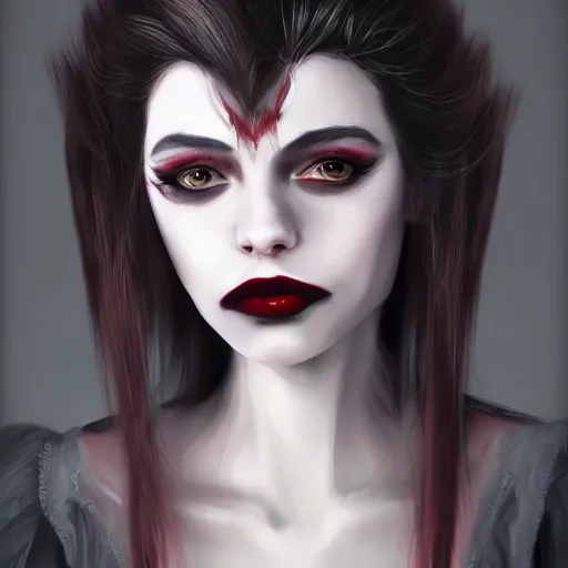 Image similar to a realistic head and shoulder professional portrait of a female vampire, painted in the style of bloodborne, interesting color use, vampire fashion, highly detailed, melancholy, vampire teeth