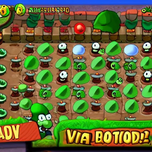 Prompt: Mario brothers in Plants vs Zombies, in-game screenshot