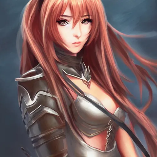 Image similar to a portrait of an attractive knight female anime character with long hair, full shot, high detail artgerm